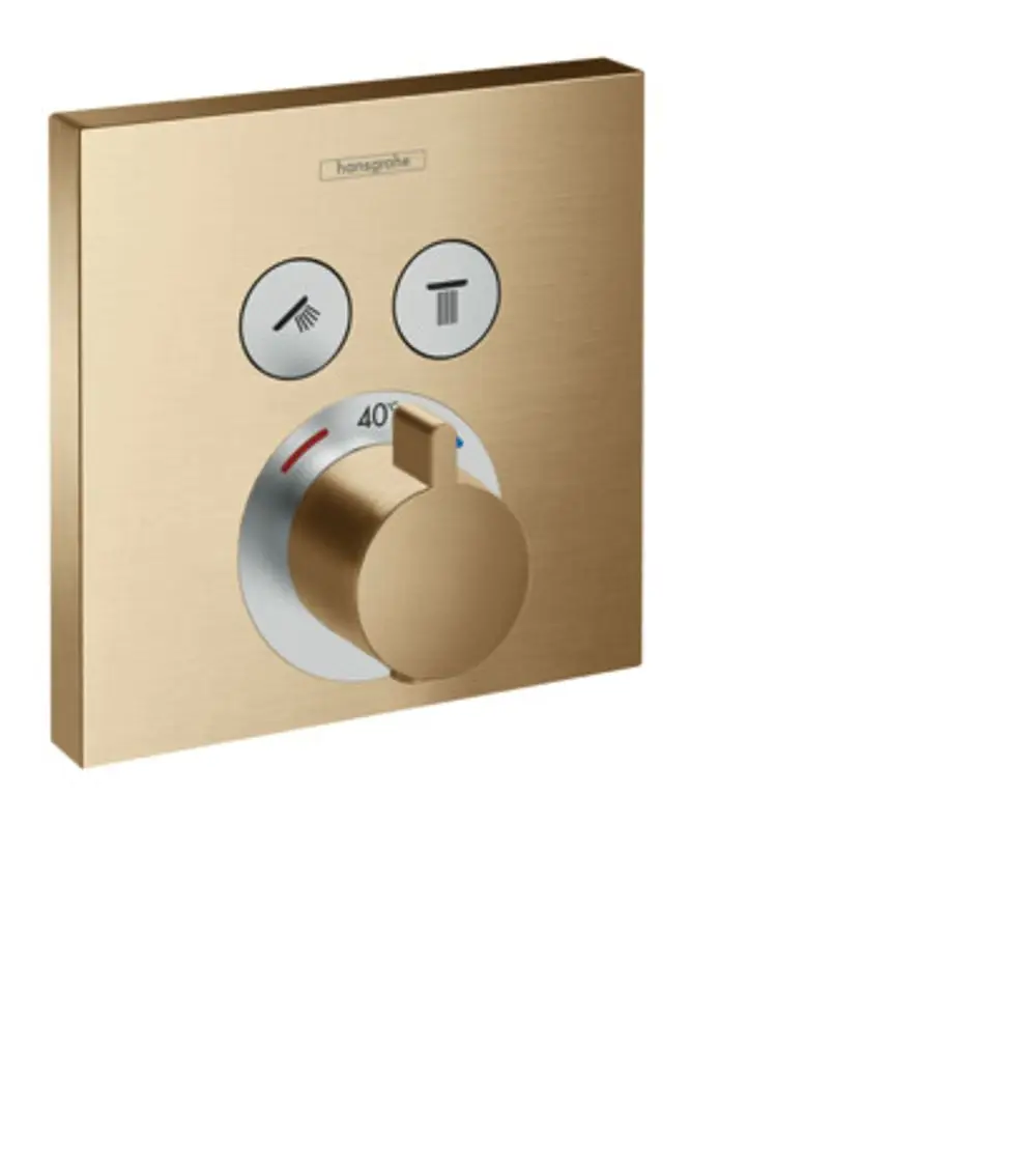 Hansgrohe Thermostat mit drei Bedienelementen in Brushed Bronze für die Steuerung von zwei Verbrauchern, inklusive Temperaturanzeige.